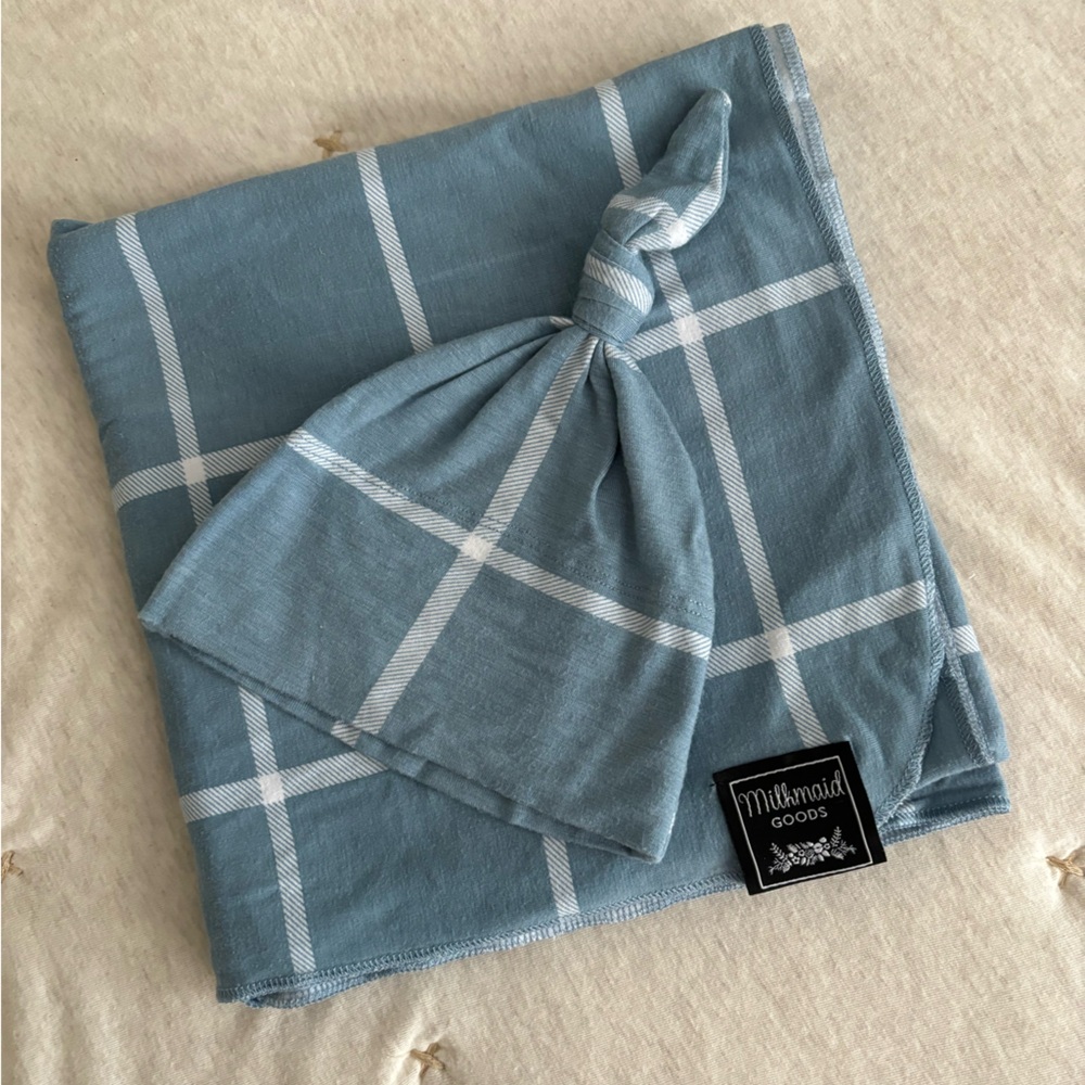 Milkmaid Goods Swaddle and Hat Set - Blue Plaid/Windowpane - Boy